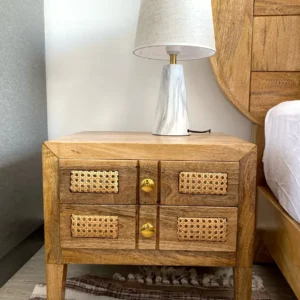 Mvule bedside table with two drawers and woven front panels