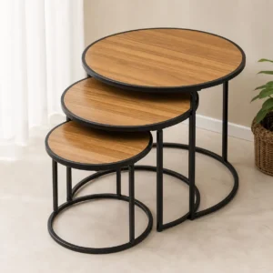 Ashhurst three piece round wooden nesting tables with black metal frames