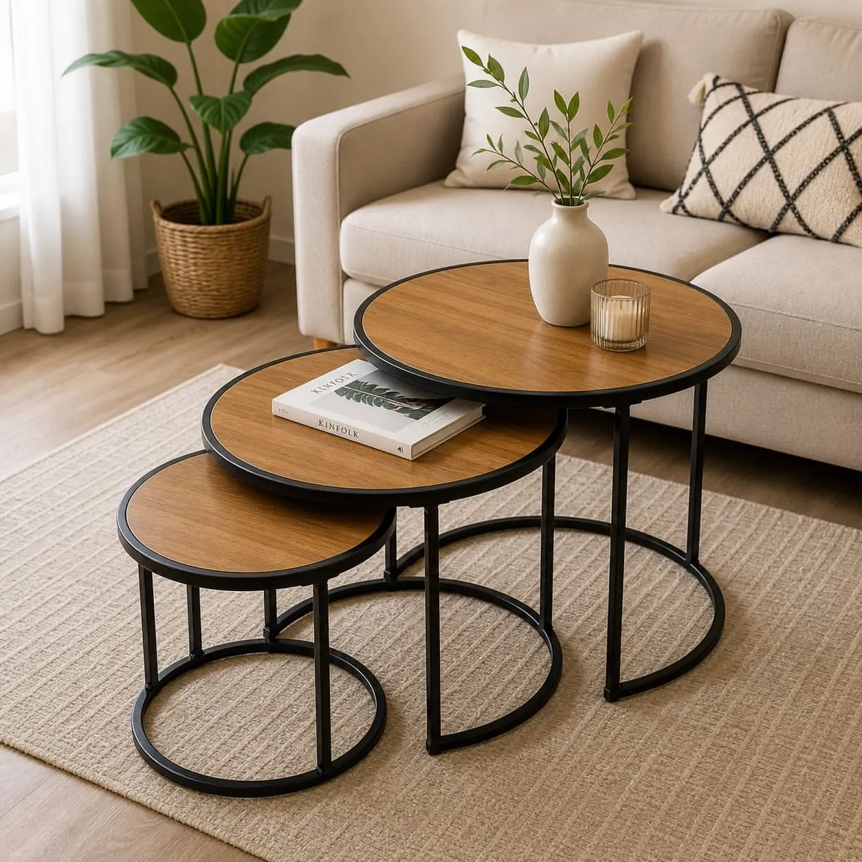 Monsoon Ashhurst Round Nesting Side Table Trio, Wood & Metal – Kenya - Image 2