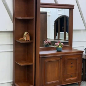 Brown Ashland wooden dressing table with large mirror, drawers, cabinet and open shelves