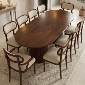 Aspenhaven Sheesham wood oval 10-seater dining set with cream upholstered chairs
