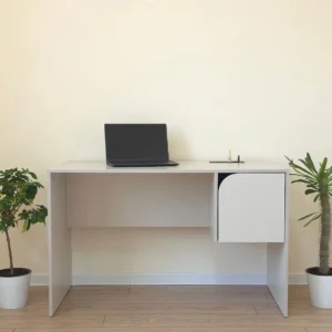White office desk with side cabinet and internal shelf
