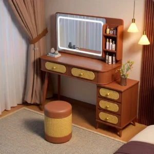 White Baldwin floating dressing table mounted below a round wall mirror