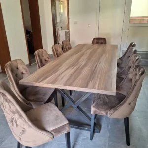 Brown black metal dining table set Nairobi with ten upholstered chairs