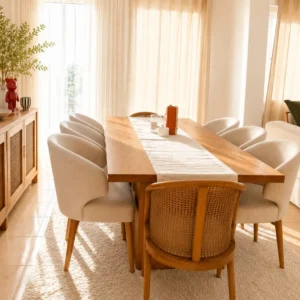 Bellbury wooden 10-seater dining set with cream and woven-back chairs