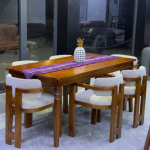 Monsoon Blueborough 6-seater Mninga dining set with light upholstered chairs