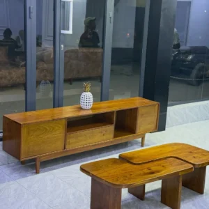 Monsoon Bluehurst wooden TV stand and matching coffee table set in warm brown finish