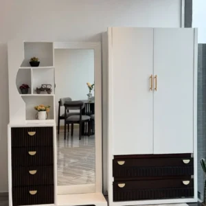 White Branton dressing table with mirror, dark drawers and matching two-door wardrobe