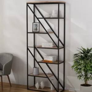 Tall black-frame bookshelf with warm wood-look open shelves