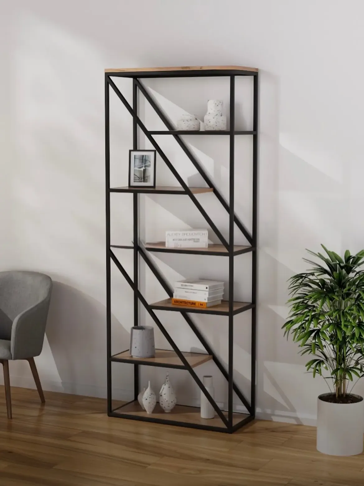 Tall black-frame bookshelf with warm wood-look open shelves