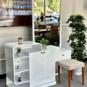White Briarleigh board dressing table with tall mirror, open shelves and enclosed storage
