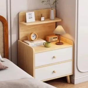 Minimalist laminated particle board side table with drawer and open shelf