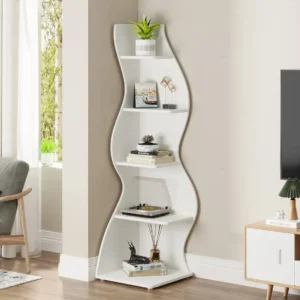 Calder black 5-tier corner bookshelf with curved wave profile