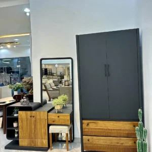 Black fluted Cedarhaven wardrobe with matching dressing table and full-length mirror