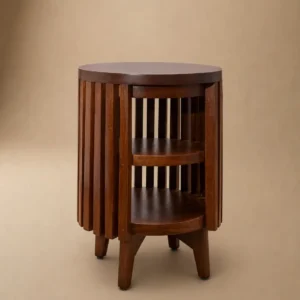 Clearbrook wooden side table with round top and two open shelves