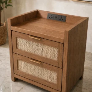 Mvule bedside table with two rattan-front drawers and socket panel