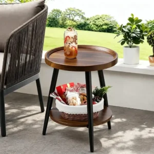 Cloverbourne 58cm round brown side table with metal frame and lower shelf