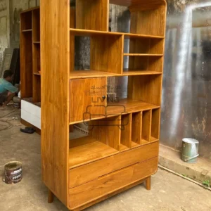 Fairford mahogany bookshelf with asymmetric shelves and two lower drawers