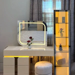 Beige high gloss Fernstone dressing table with illuminated mirror, drawers, stool and glass cabinet