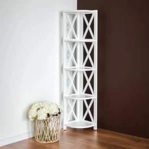 White five-tier corner bookshelf with X-frame side panels