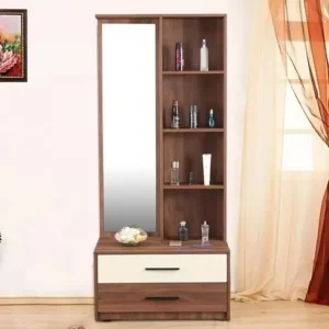 White Langgate board dressing table with three drawers, twin open shelves and round mirror