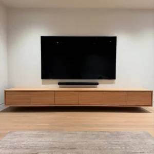 8 ft wood-tone floating TV cabinet with six front compartments