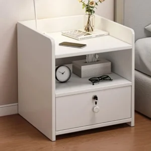 White lockable bedside table with open shelf and lower storage