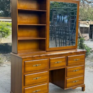 Mvule Parkgate dressing table with large mirror, seven drawers and four open shelves