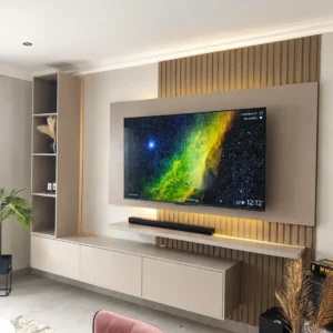 Complete TV wall unit with vertical slats, floating storage and open shelving