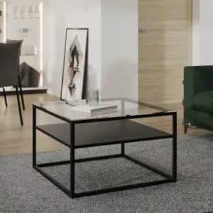RODERIC square glass coffee table with black metal frame and shelf