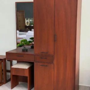 Reddish-brown two-door wardrobe with integrated dressing table, mirror and drawers