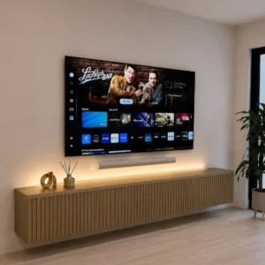 7 ft fluted floating TV stand in warm wood tone