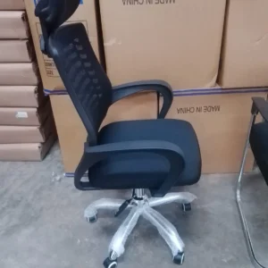 Black high-back mesh office chair with headrest and armrests