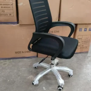 Black mesh-back office chair with armrests and five-wheel swivel base