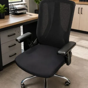 Black high-back mesh office chair with padded armrests and wheeled base