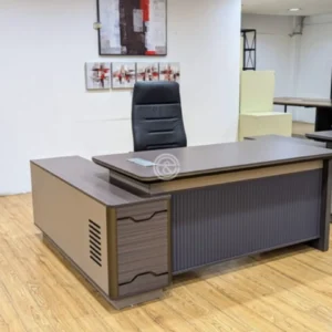 Executive office desk with integrated side storage and full front panel