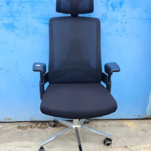 Black high-back mesh office chair with headrest and wheeled base