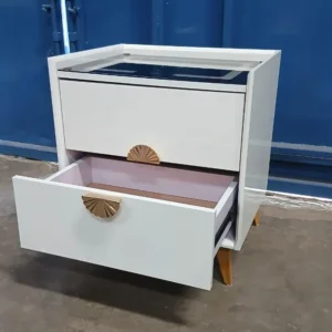 White two-drawer bedside table with gold-tone fan handles