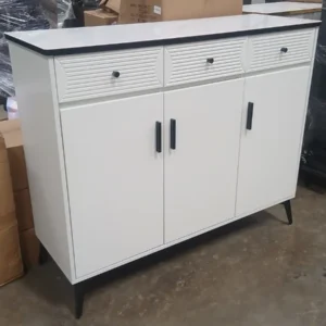 White three-door shoe cabinet with three upper drawers and black handles