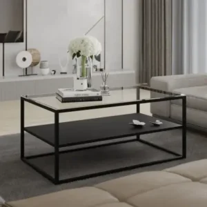 AERIS rectangular glass coffee table with black metal shelf