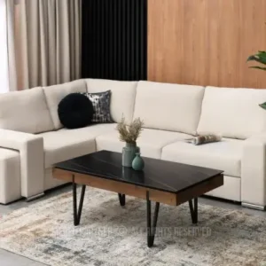 Amal rectangular black coffee table with walnut-look detail and metal legs