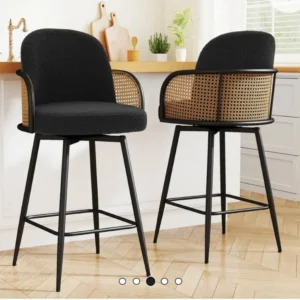 Arlington black rattan bar stool with upholstered seat and metal frame