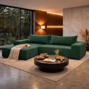 ASTRAD green ribbed corner sofa with chaise and loose cushions