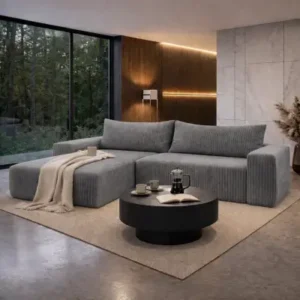 ASTRAD grey ribbed corner sofa bed with chaise and loose back cushion