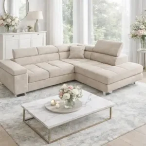Azaria beige right-hand sleeper sectional with adjustable headrests