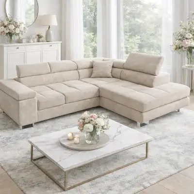 Azaria beige right-hand sleeper sectional with adjustable headrests