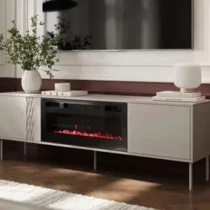 180cm beige TV stand with electric fireplace and 3D door detail