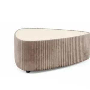 Beige corduroy upholstered rounded coffee table with sand top
