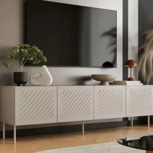 201cm beige TV stand with diagonal milled fronts and tall legs