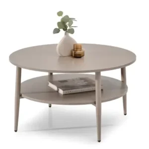 Beige round coffee table with lower shelf and metal frame